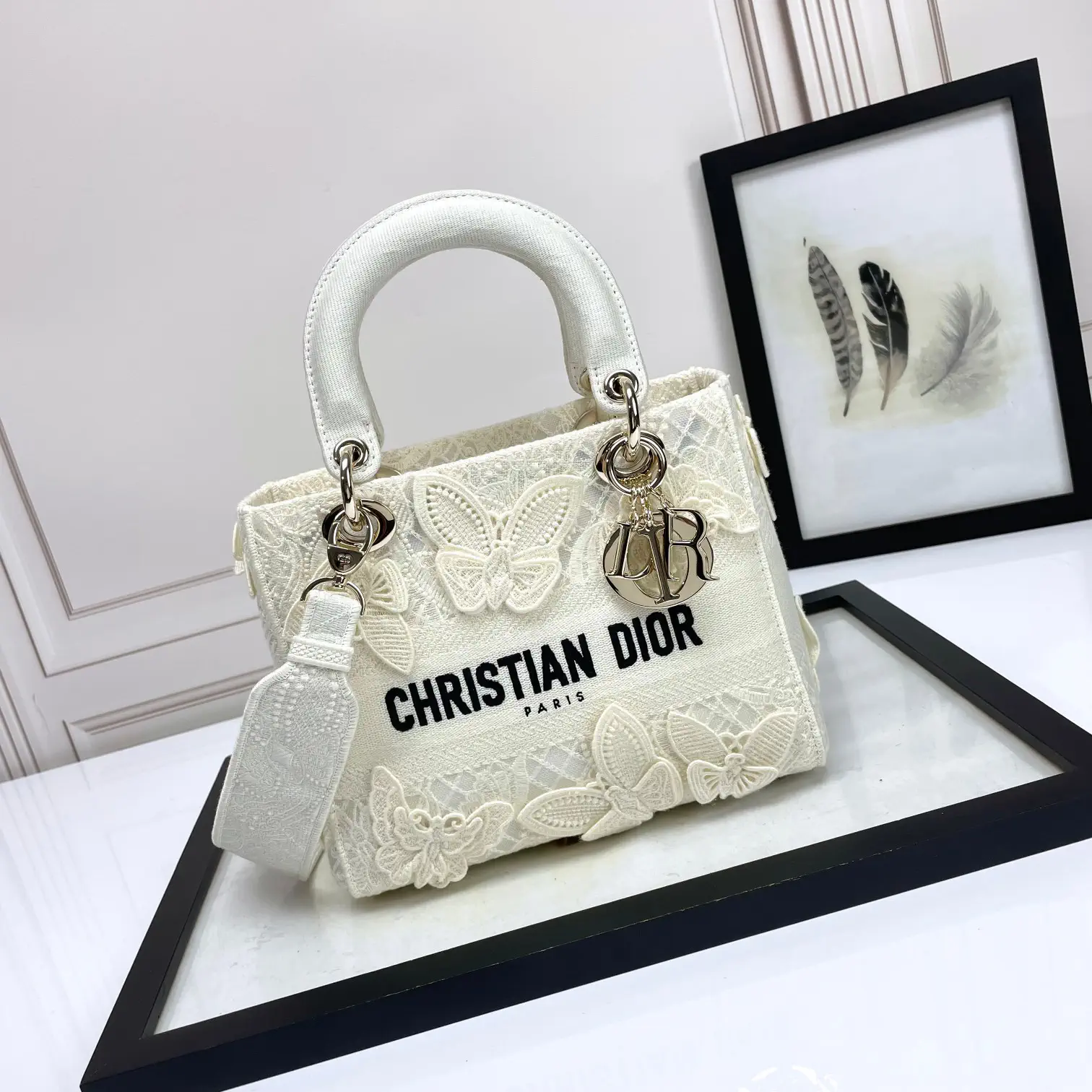 Dior White Butterfly Embroidered Top Handle Bag image 1