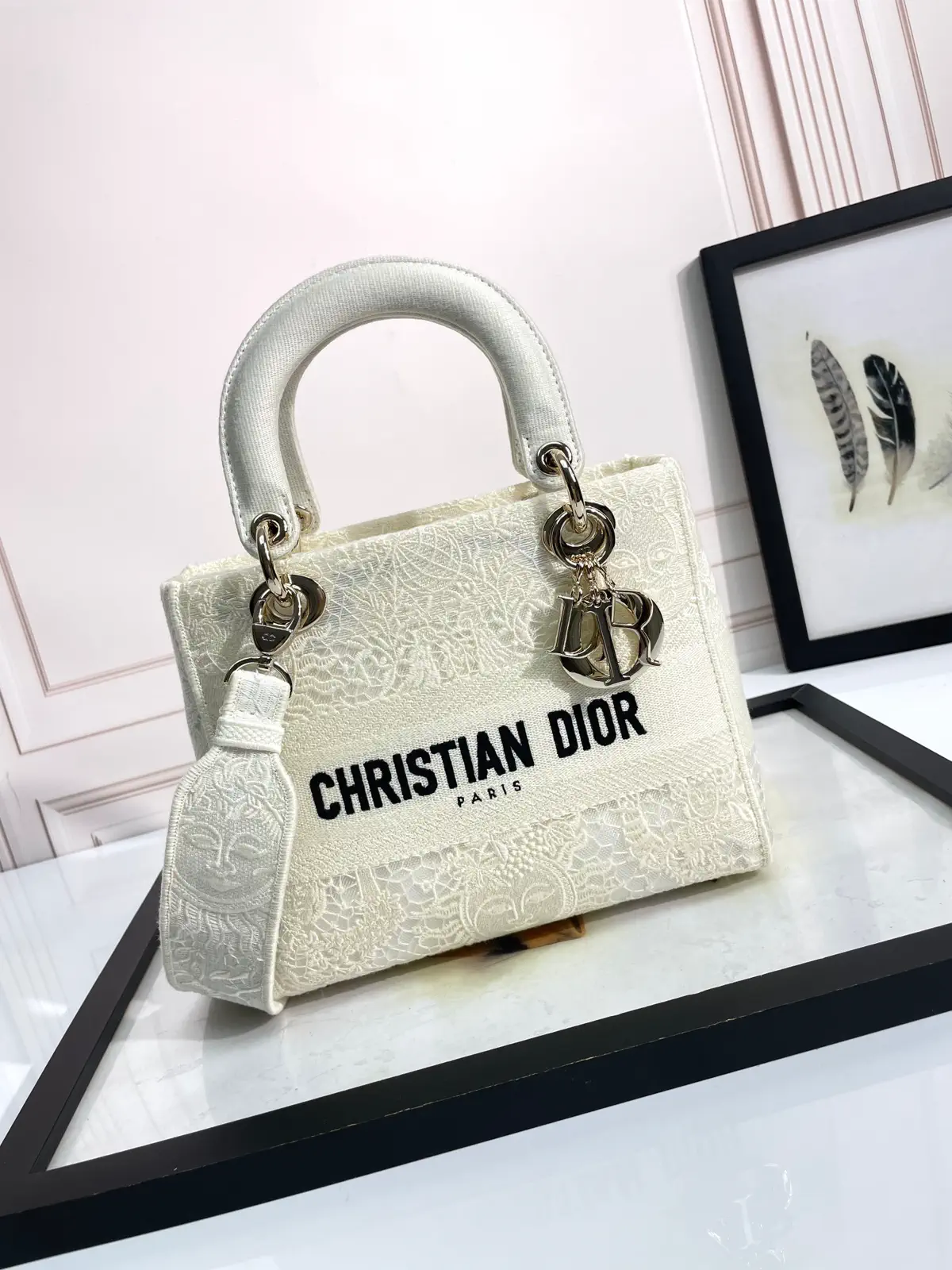 Dior White Embroidered Top Handle Bag image 1