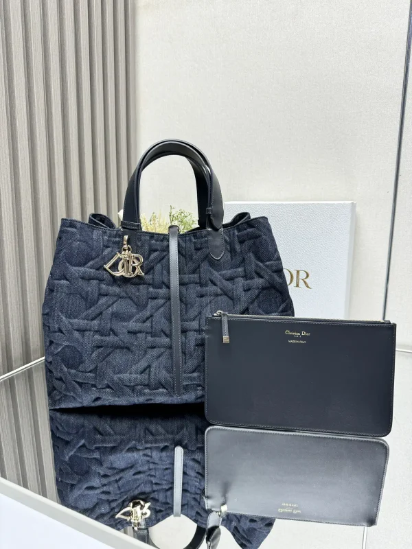Dior Dark Blue Denim Cannage Toujours Top Handle Bag image 1