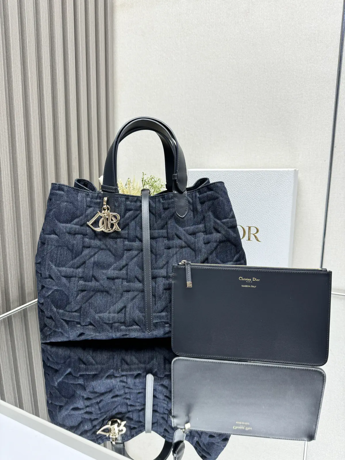 Dior Dark Blue Denim Cannage Toujours Top Handle Bag image 1