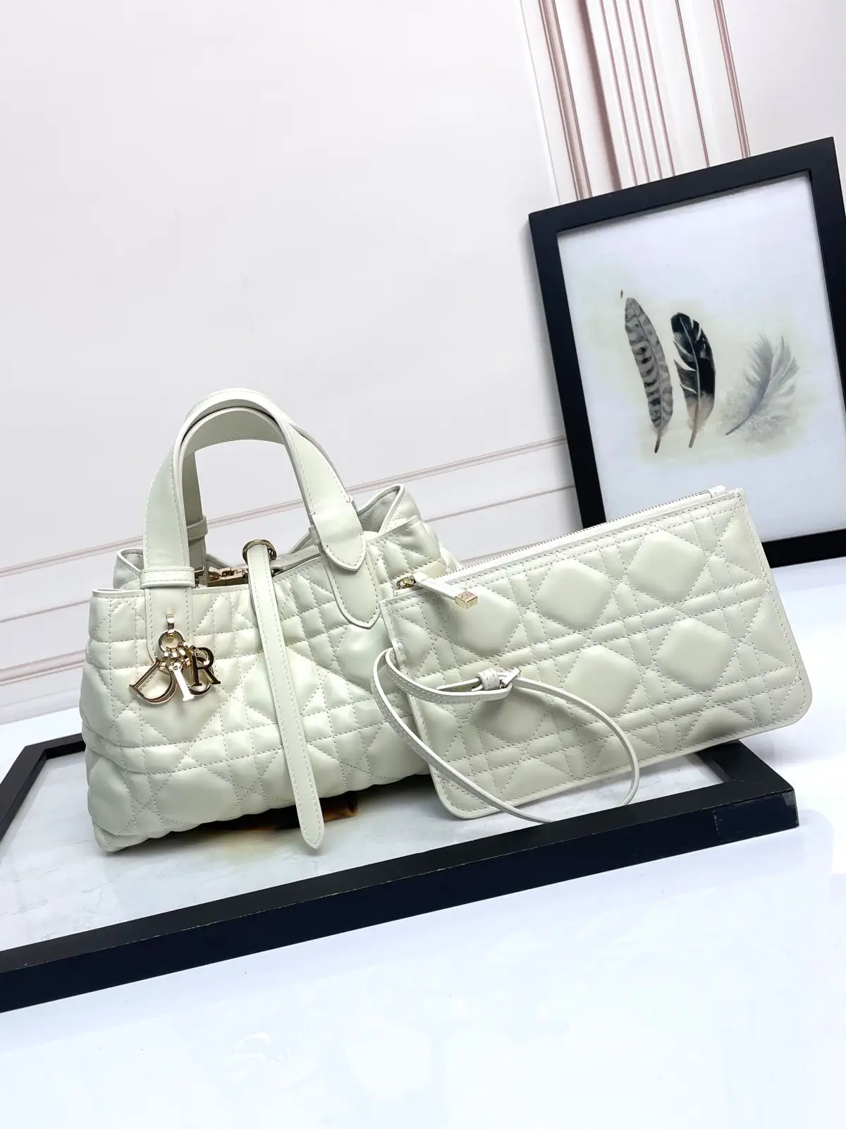 Dior White Quilted Top Handle Bag with Pouch image 1