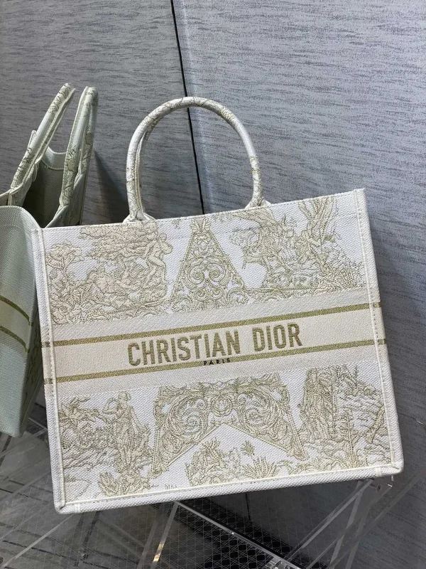 Dior White and Gold Embroidered Tote Bag image 1