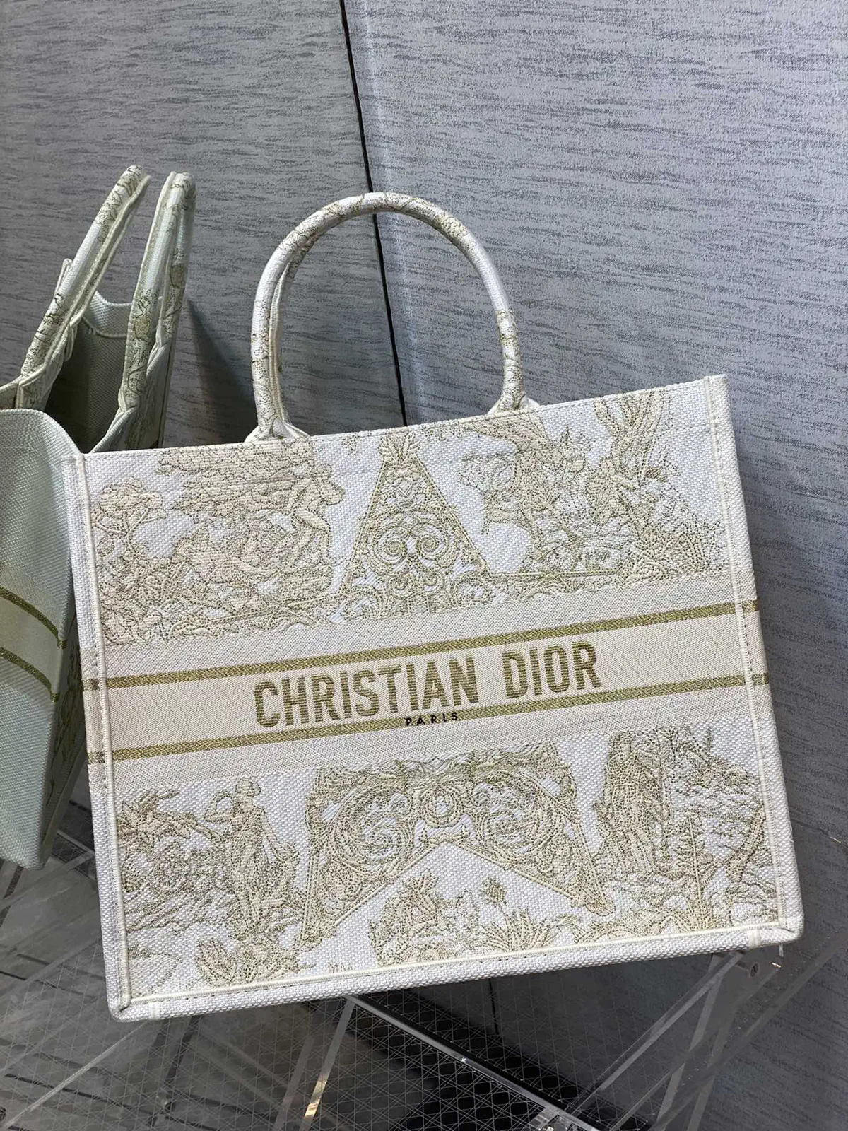 Dior White and Gold Embroidered Tote Bag image 1