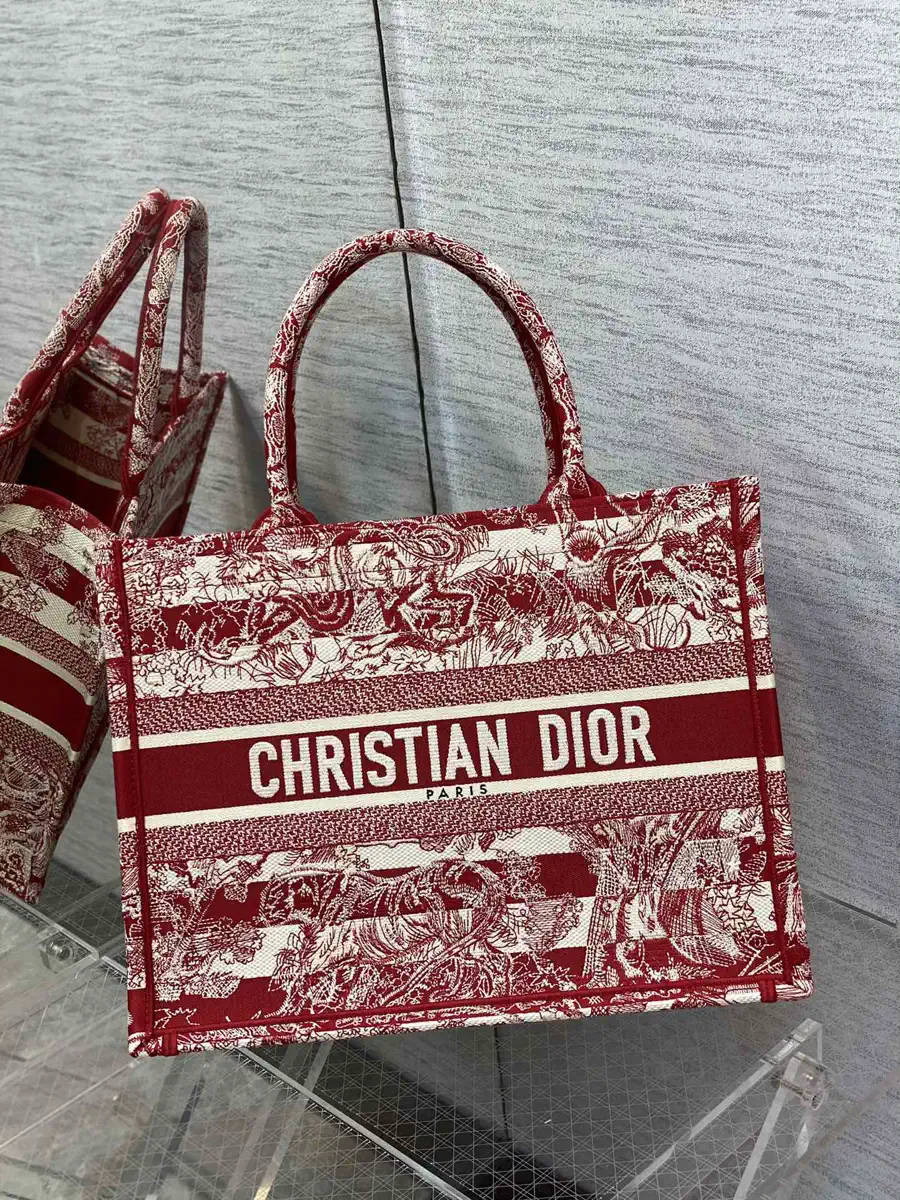 Dior Red and White Tiger Jungle Embroidered Tote Bag image 1