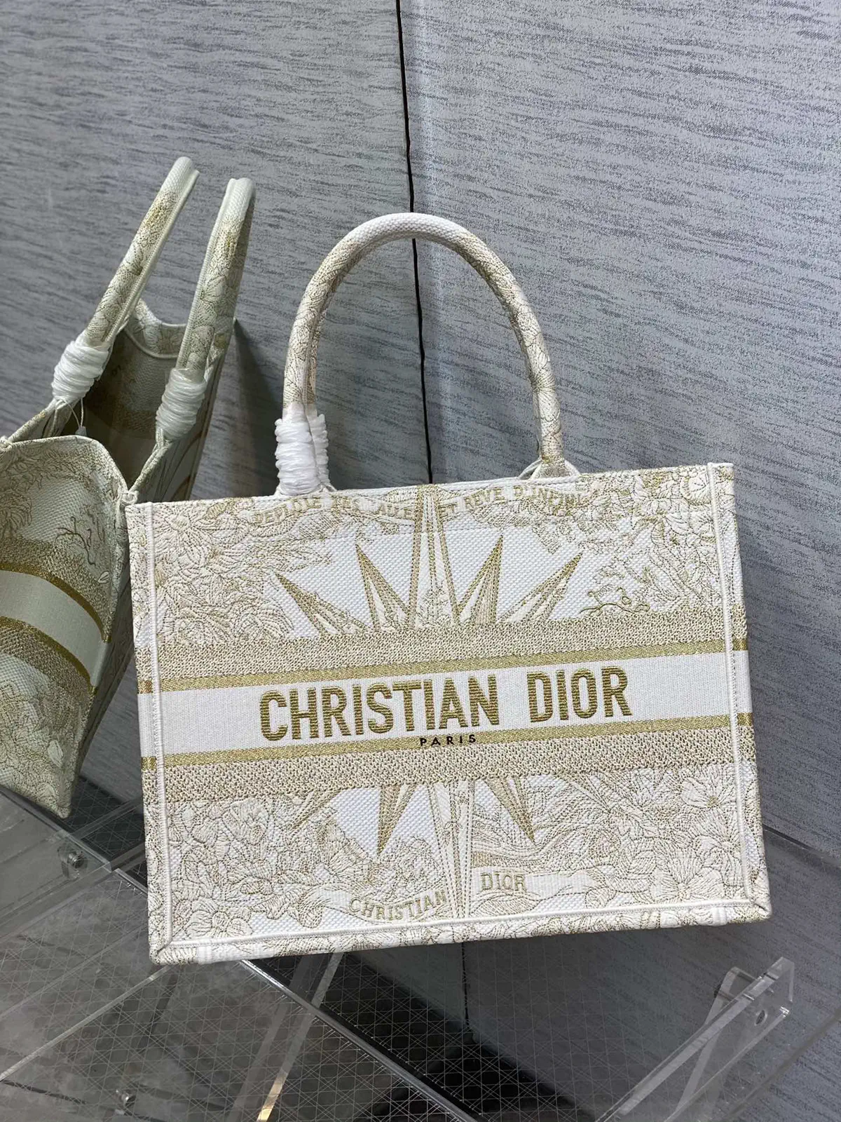 Dior White and Gold Star Embroidered Tote Bag image 1