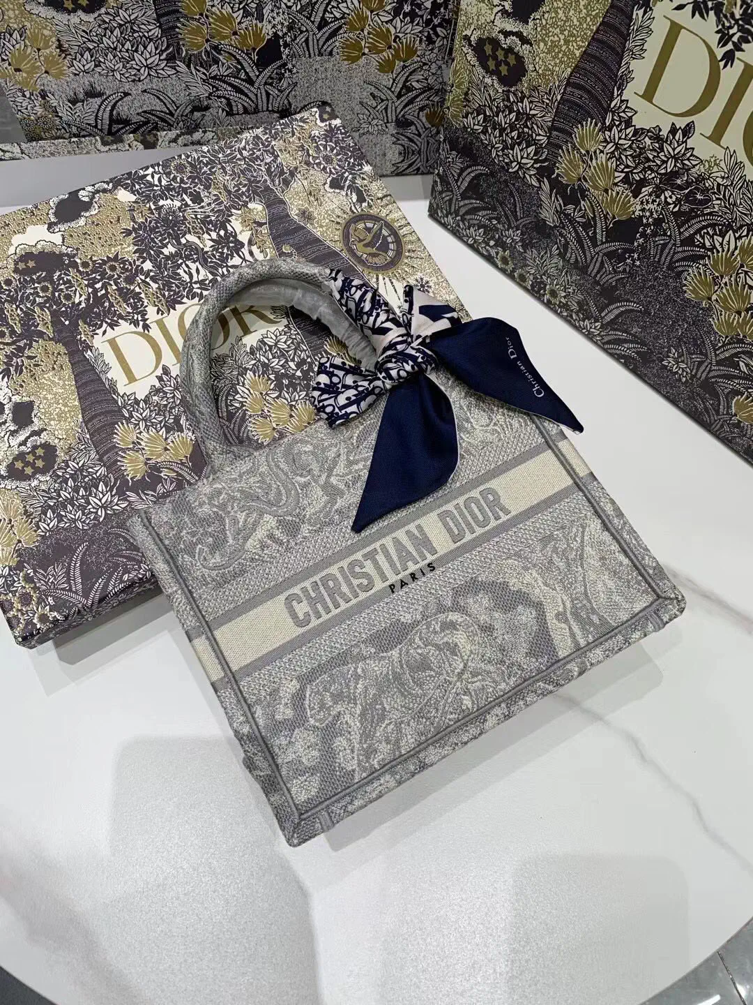 Dior Grey Tiger Embroidered Tote Bag image 1