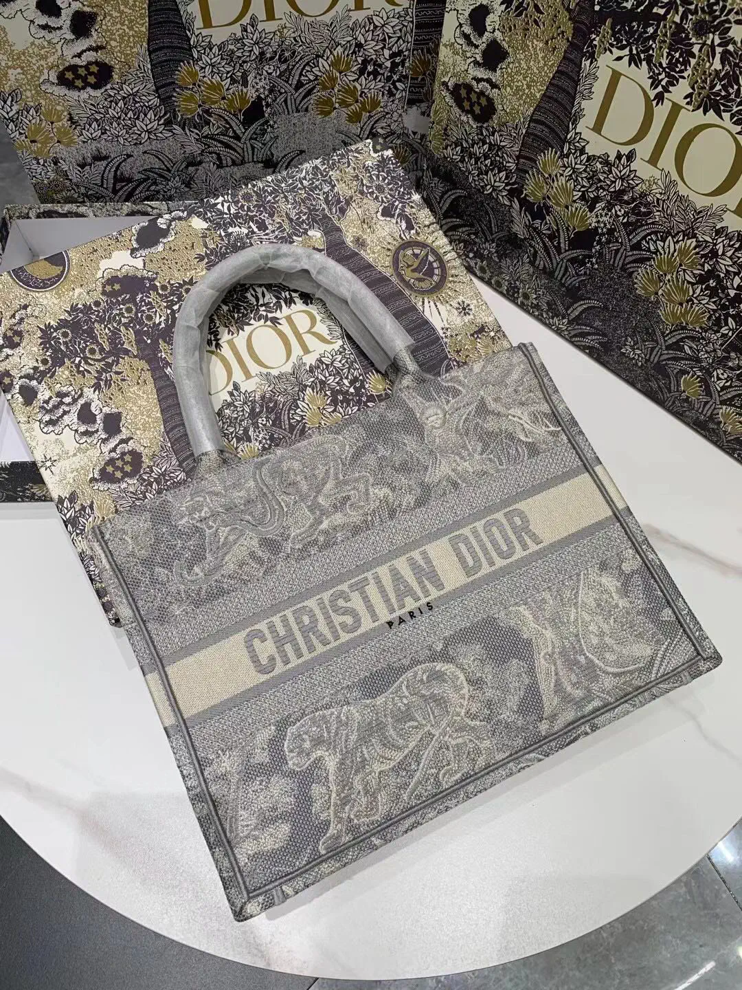 Dior Grey Tiger Embroidered Tote Bag image 1