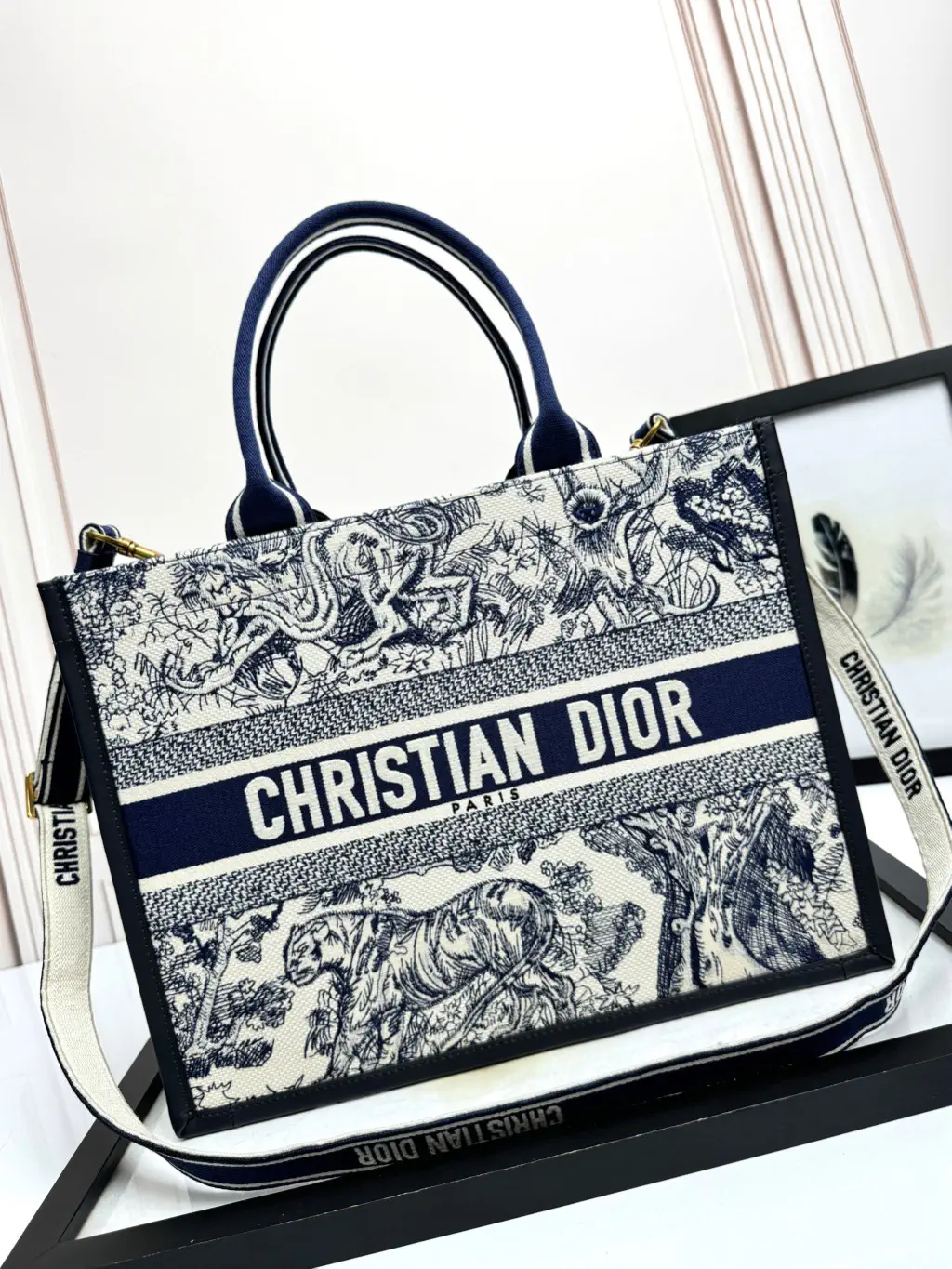 Dior Navy and White Toile de Jouy Book Tote Bag image 1