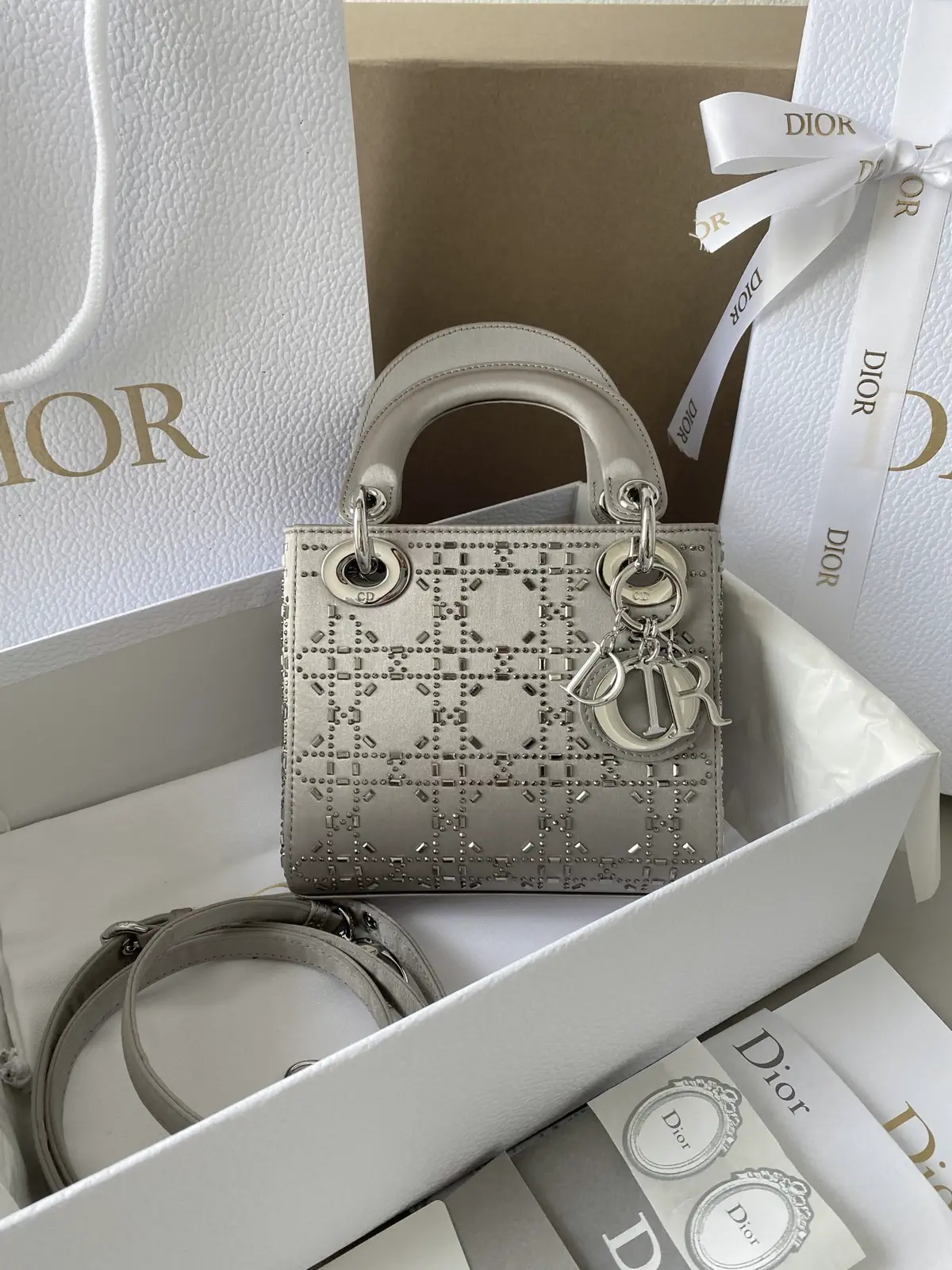 Dior Silver Satin Crystal Embellished Top Handle Bag image 1