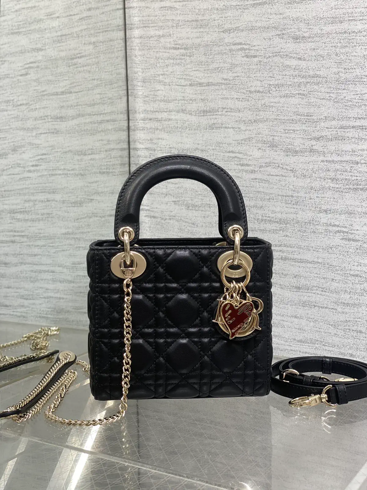 Dior Black Quilted Top Handle Bag with Heart Charm image 1