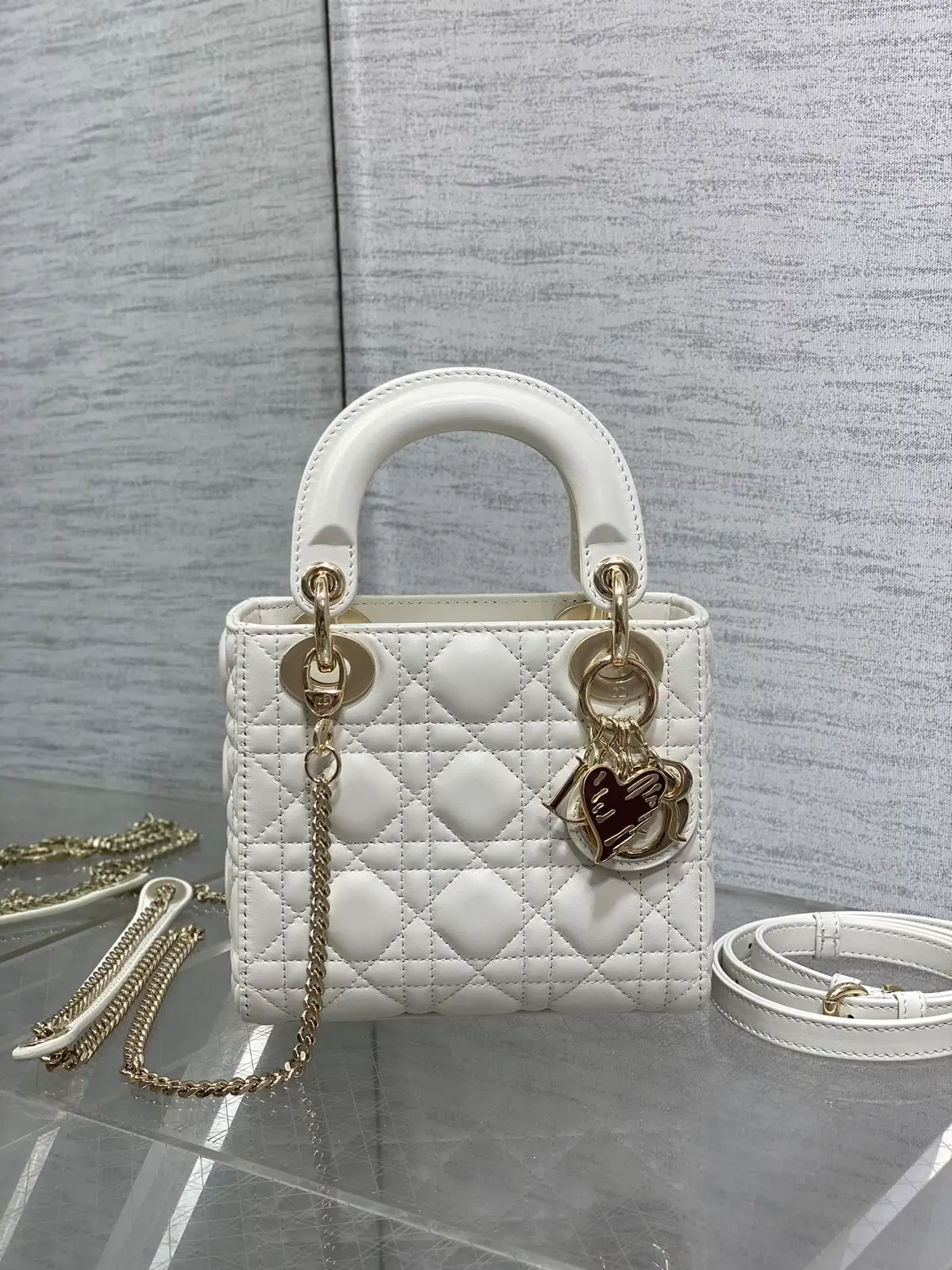 Dior White Quilted Top Handle Bag with Heart Charm image 1