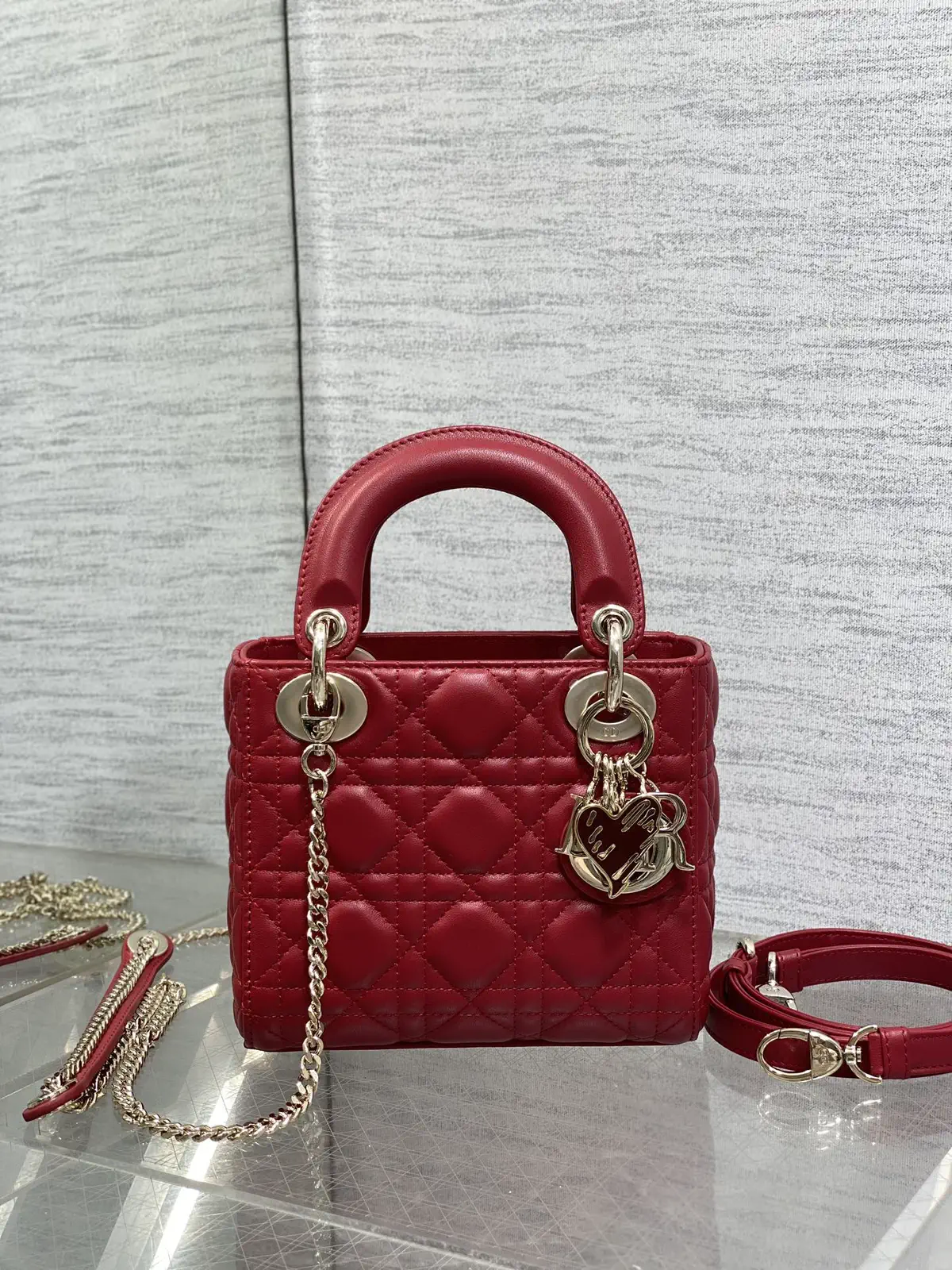 Dior Red Quilted Top Handle Bag with Heart Charm image 1