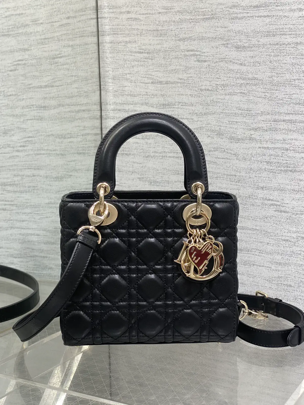 Dior Black Quilted Top Handle Bag with Heart Charm image 1