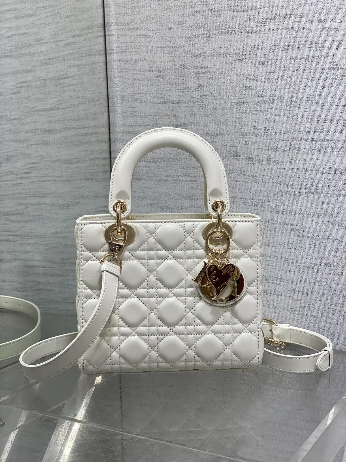 Dior White Quilted Top Handle Bag with Heart Charm image 1