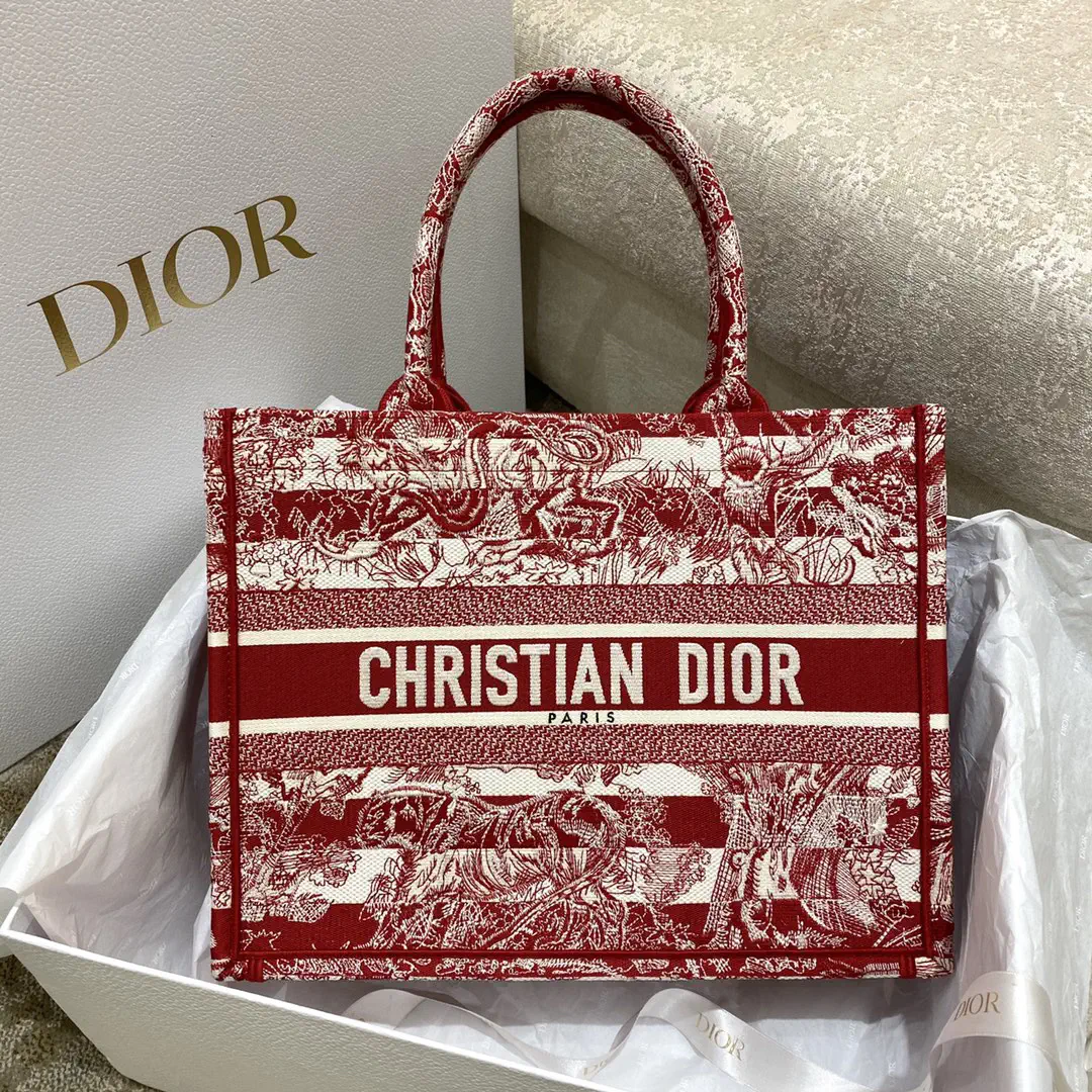 Dior Red and White Tiger Embroidered Tote Bag image 1