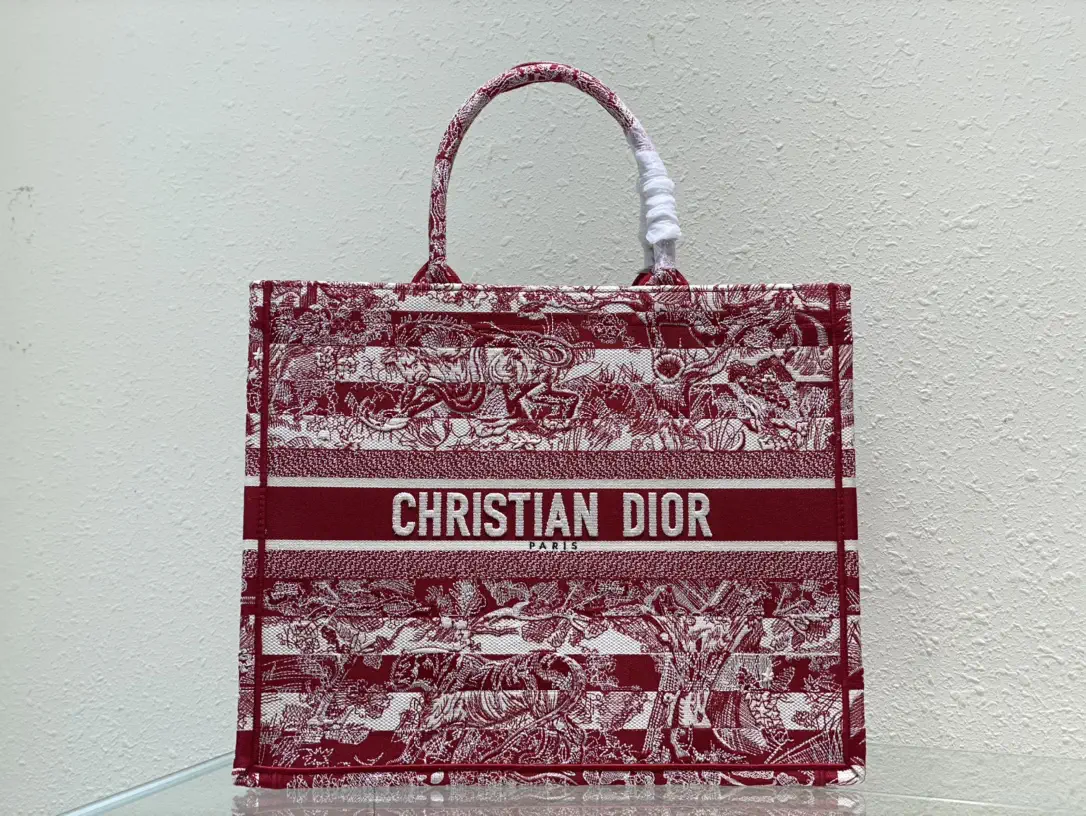 Dior Red and White Tiger Embroidered Tote Bag image 1