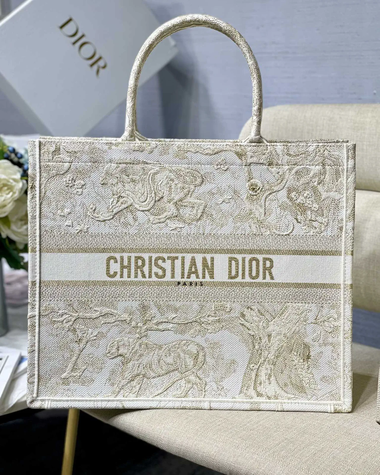 Dior Gold Tiger Embroidered Book Tote Bag image 1