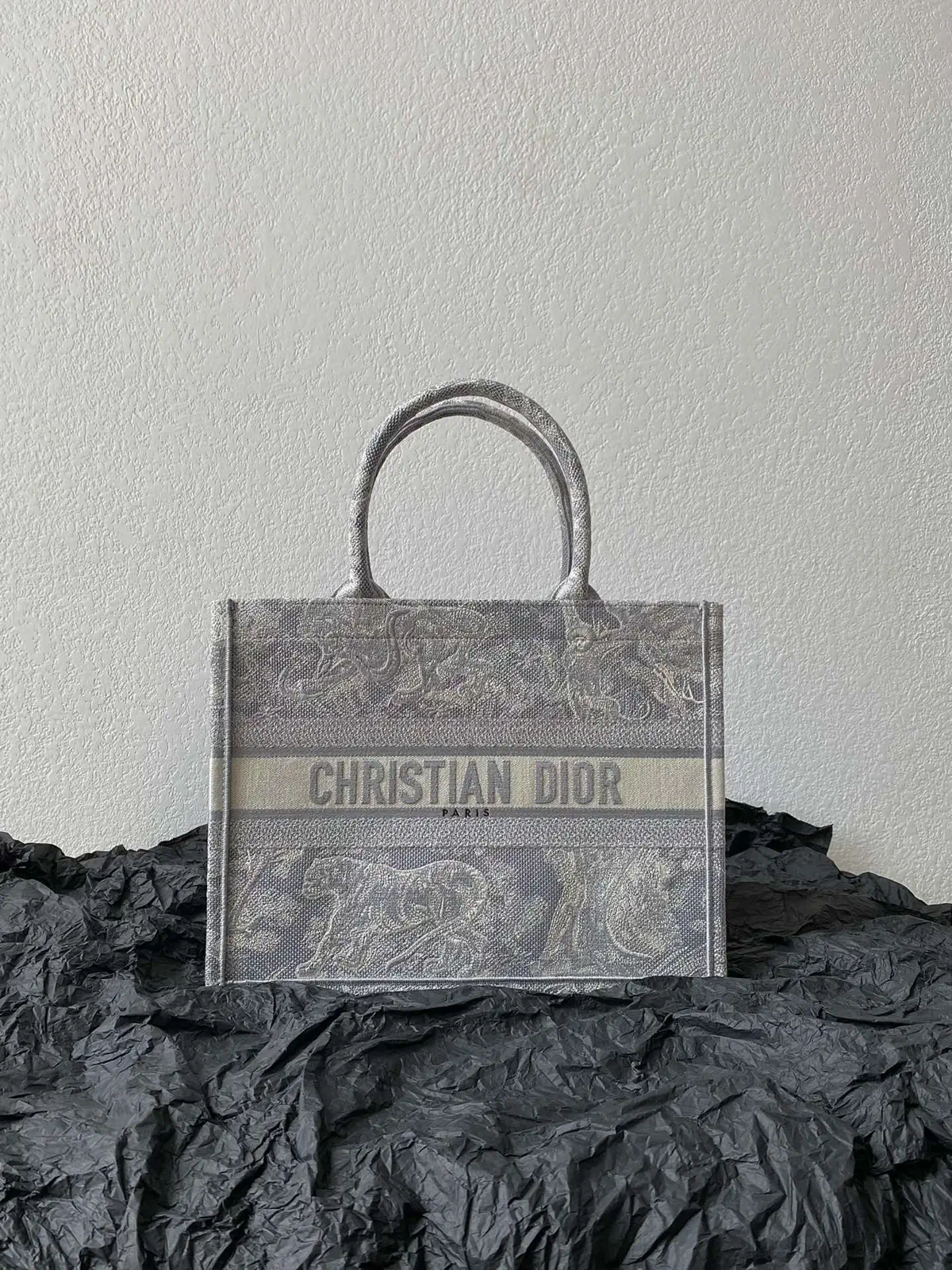 Dior Silver Gray Tiger Embroidered Tote Bag image 1