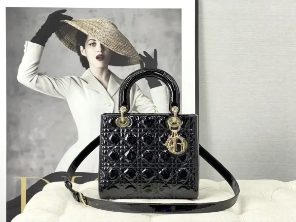 Dior Black Quilted Patent Lady Dior Top Handle Bag image 1