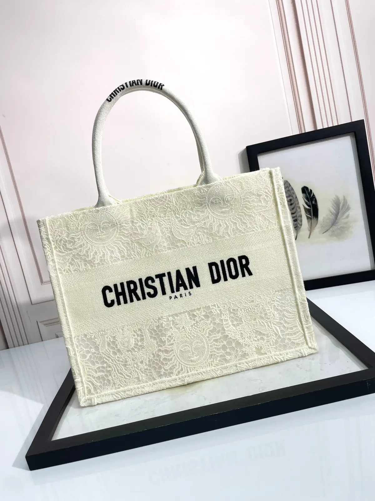 Dior White Lace Embroidered Book Tote Bag image 1