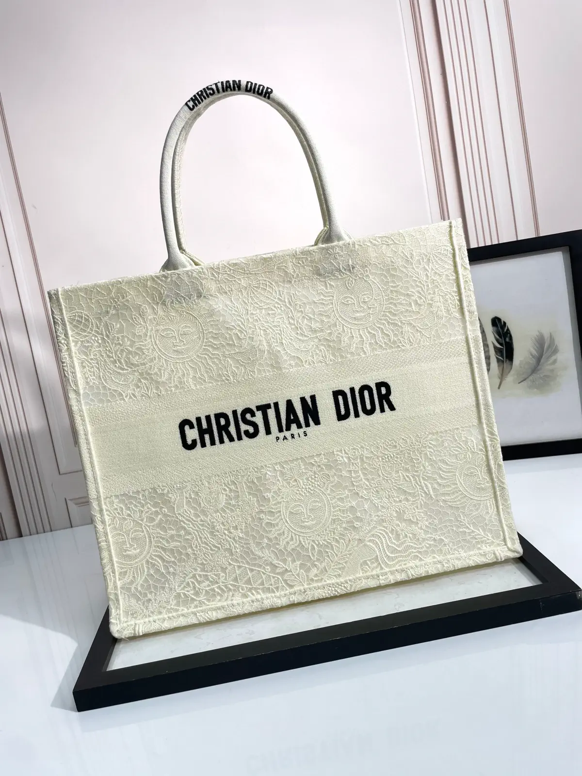 Dior White Sun Lace Pattern Book Tote Bag image 1
