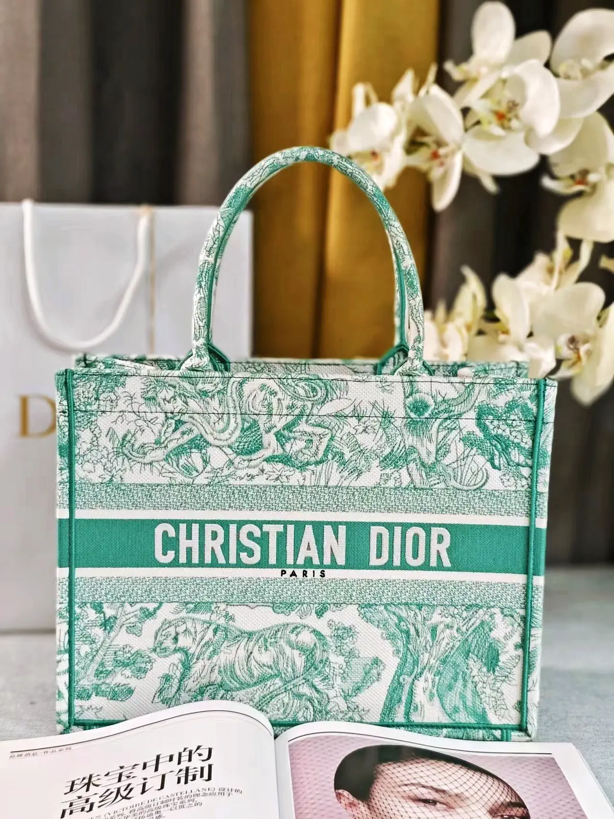 Dior Mint Green Reverse Toile de Jouy Embroidered Book Tote Bag image 1