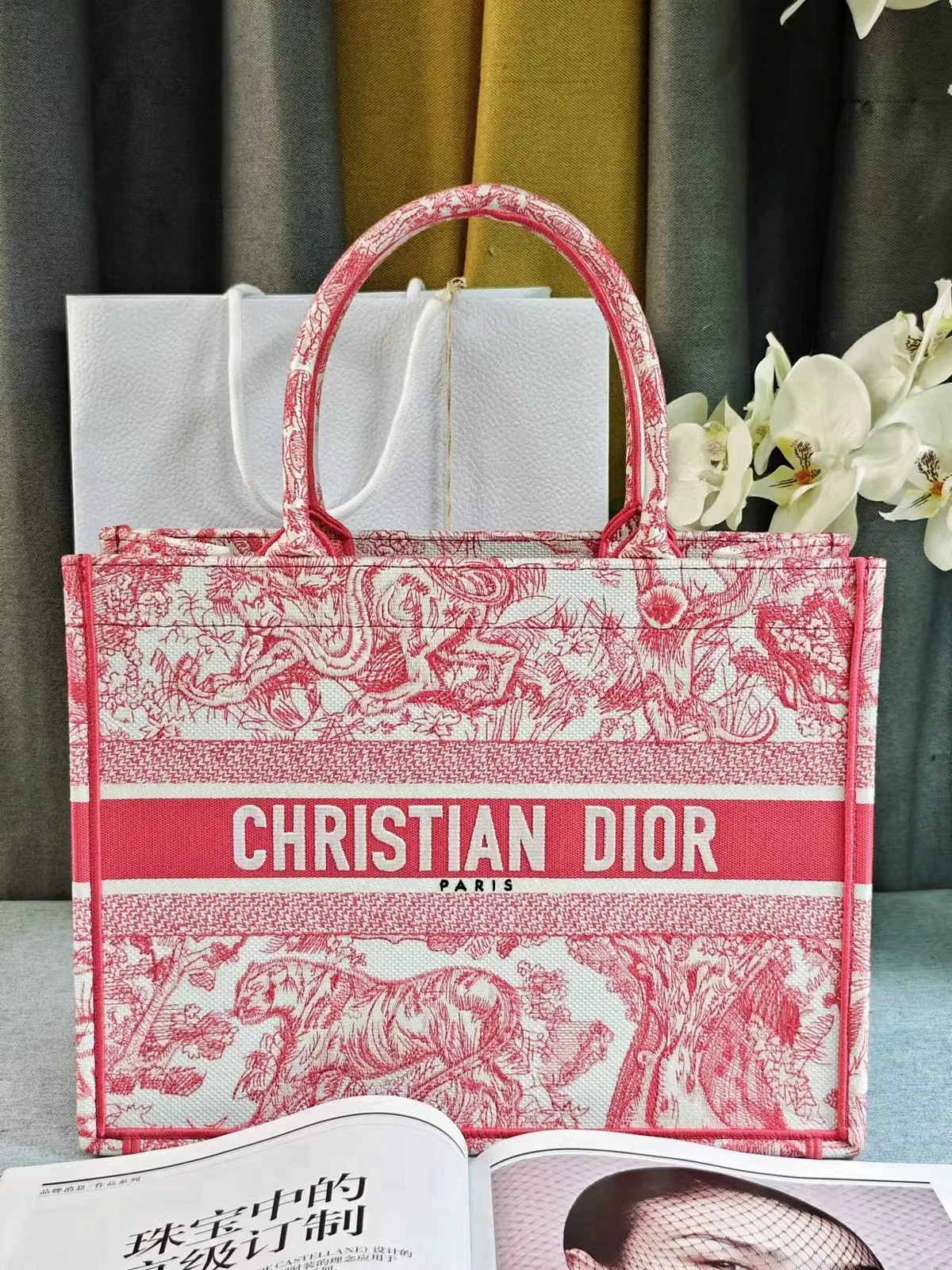 Dior Pink Toile de Jouy Embroidered Book Tote Bag image 1