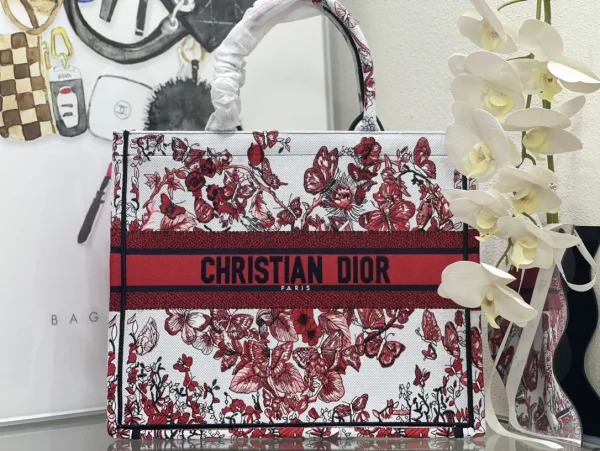 Dior Red Floral Butterfly Print Book Tote Bag image 1