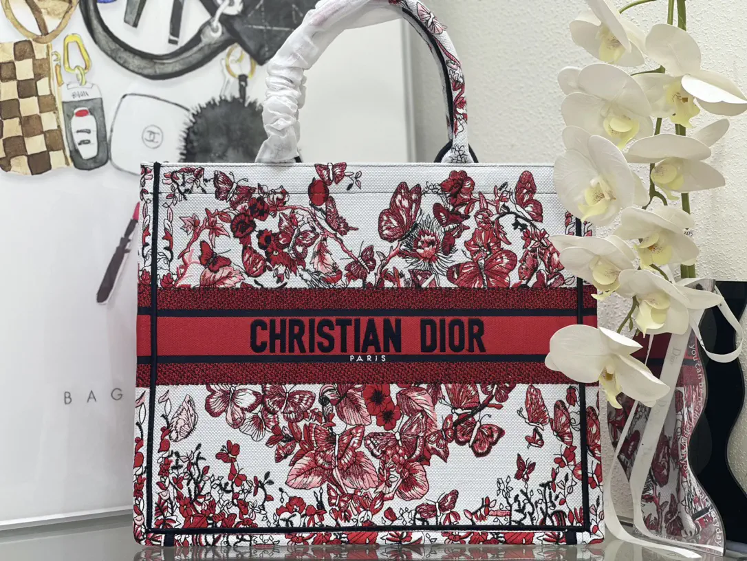 Dior Red Floral Butterfly Print Book Tote Bag image 1