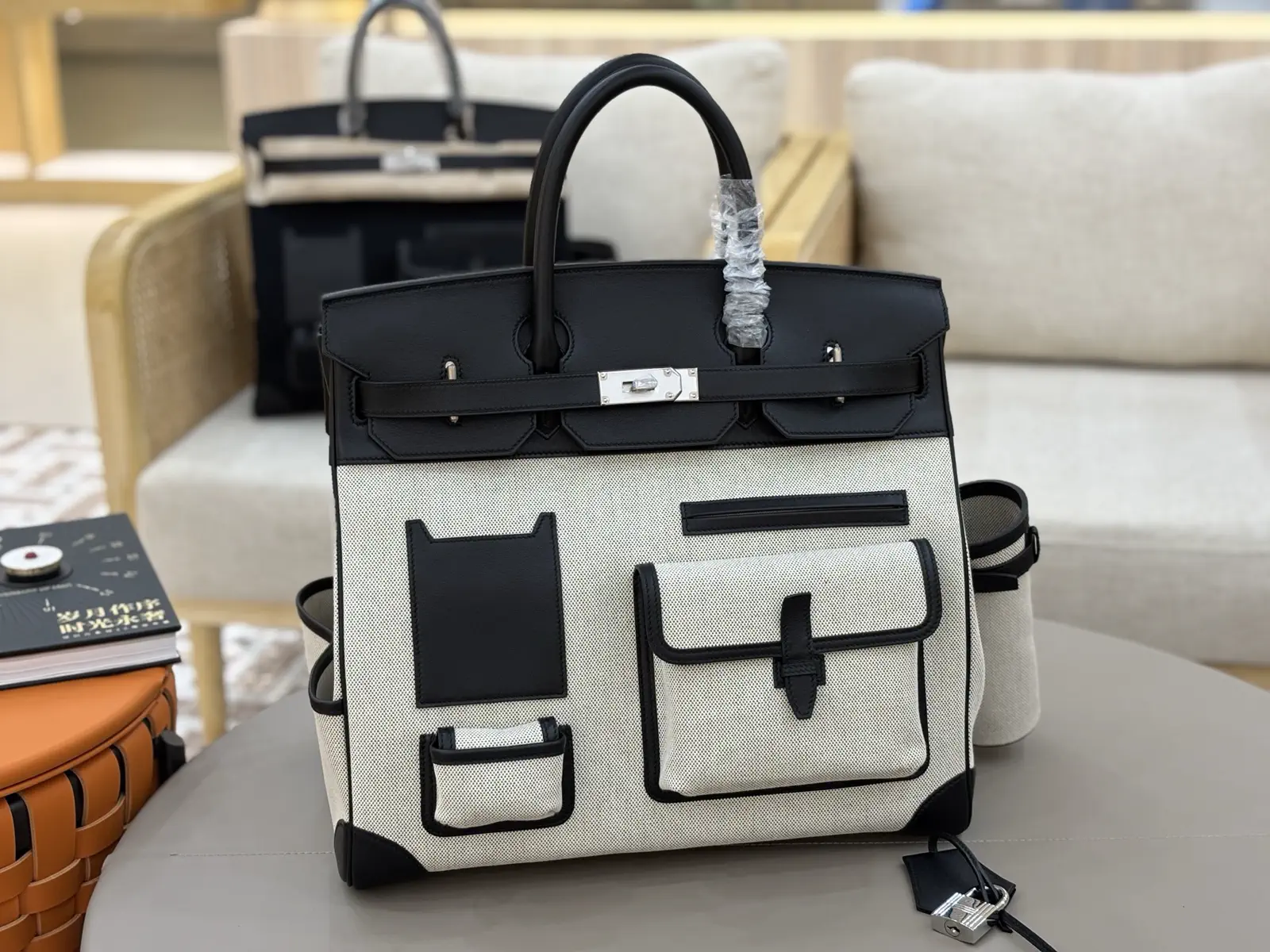 Hermès Black and White Cargo Top Handle Bag image 1