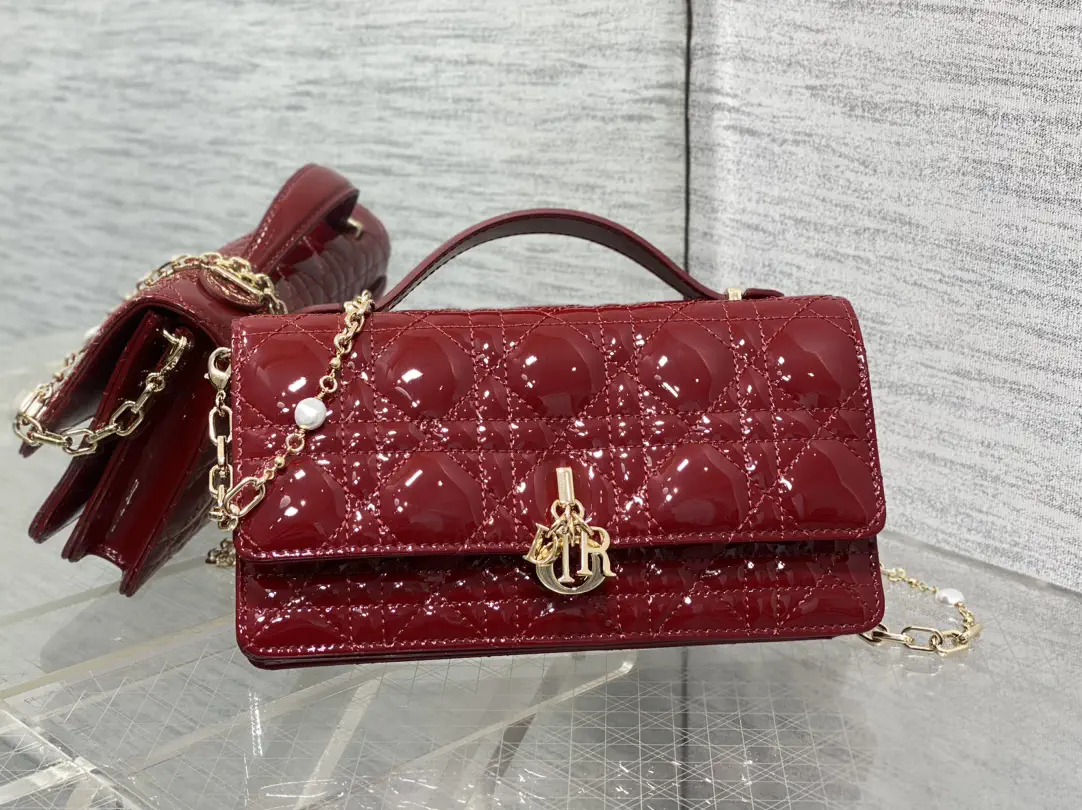 Dior Quilted Patent Top Handle Bag with Pearl Chain image 1