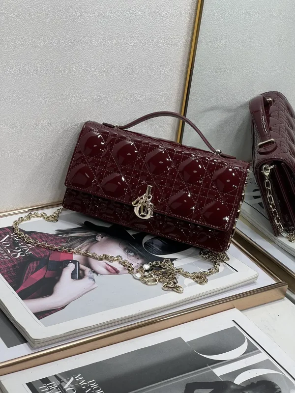 Dior Burgundy Quilted Patent Top Handle Bag with Pearl Chain image 1