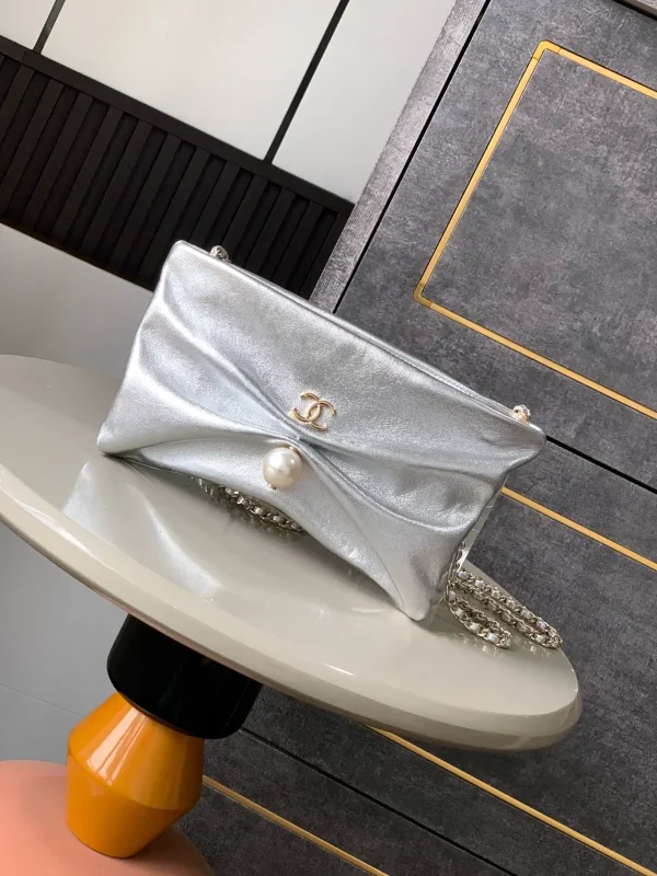 Chanel Metallic Silver Clutch with Chain Strap image 1