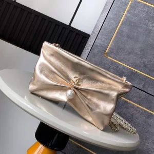 Chanel Gold Ruched Clutch with Chain Strap image 1