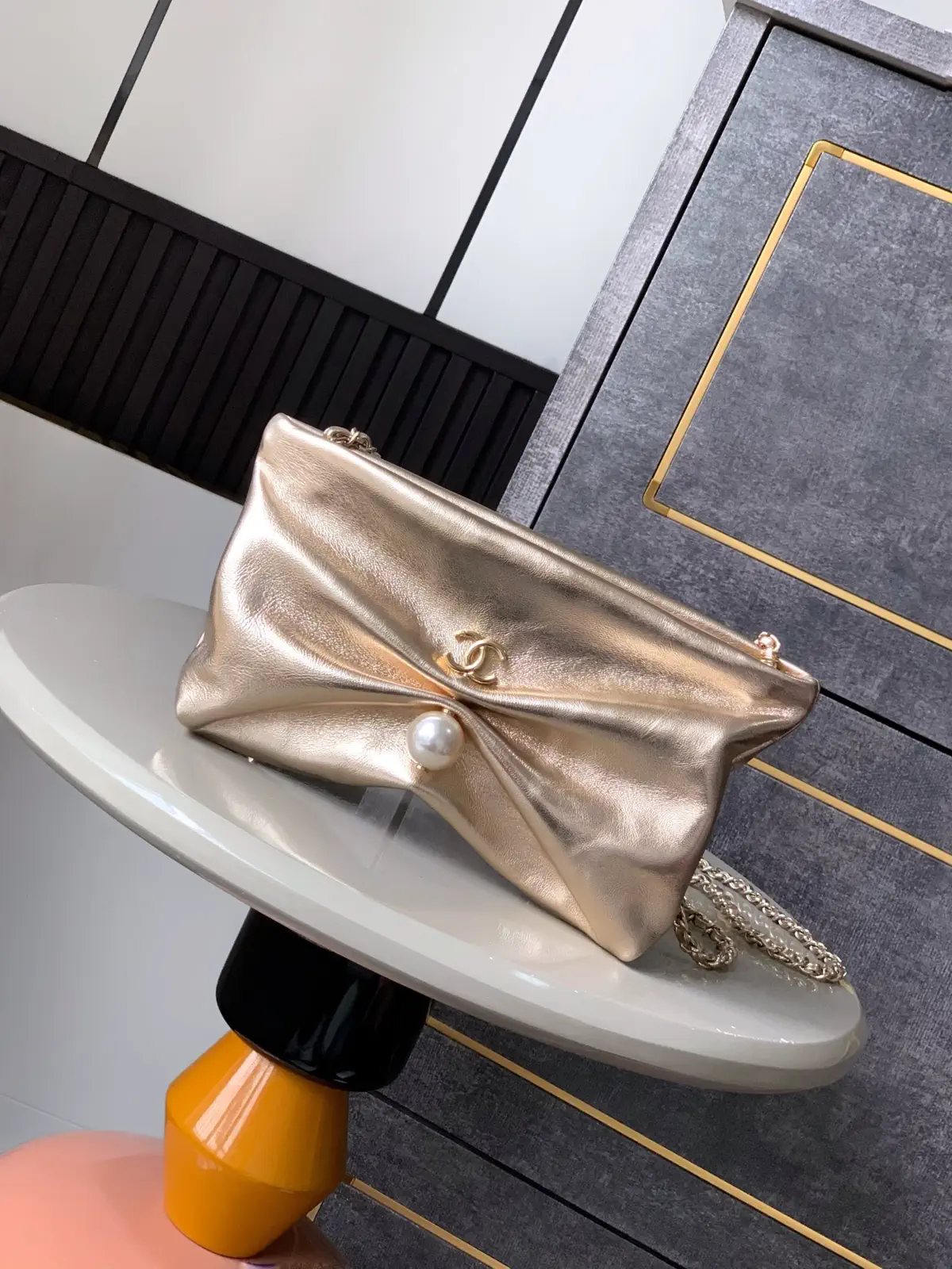 Chanel Gold Ruched Clutch with Chain Strap image 1