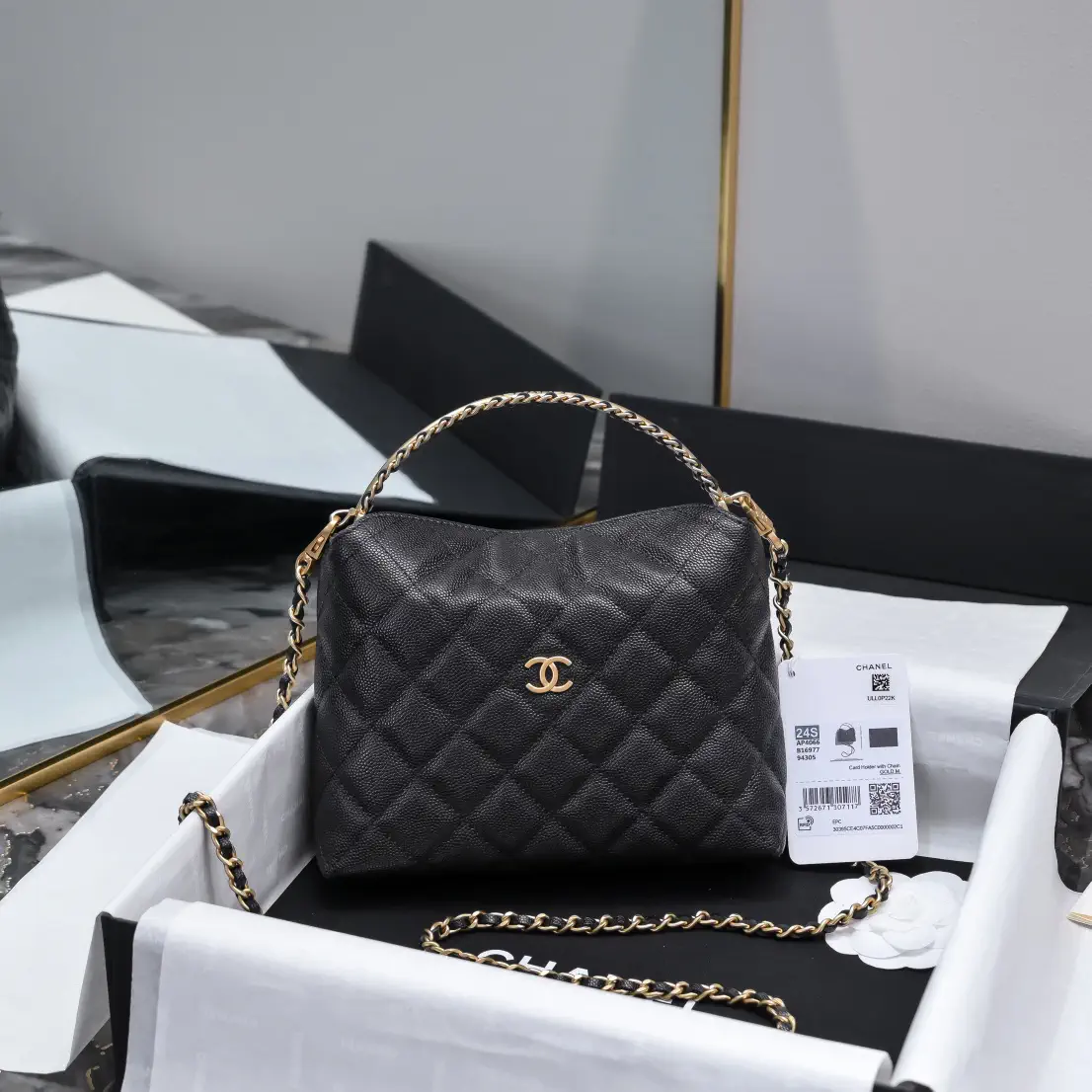 Chanel Quilted Caviar Leather Hobo Bag with Metal Chain Handle image 1