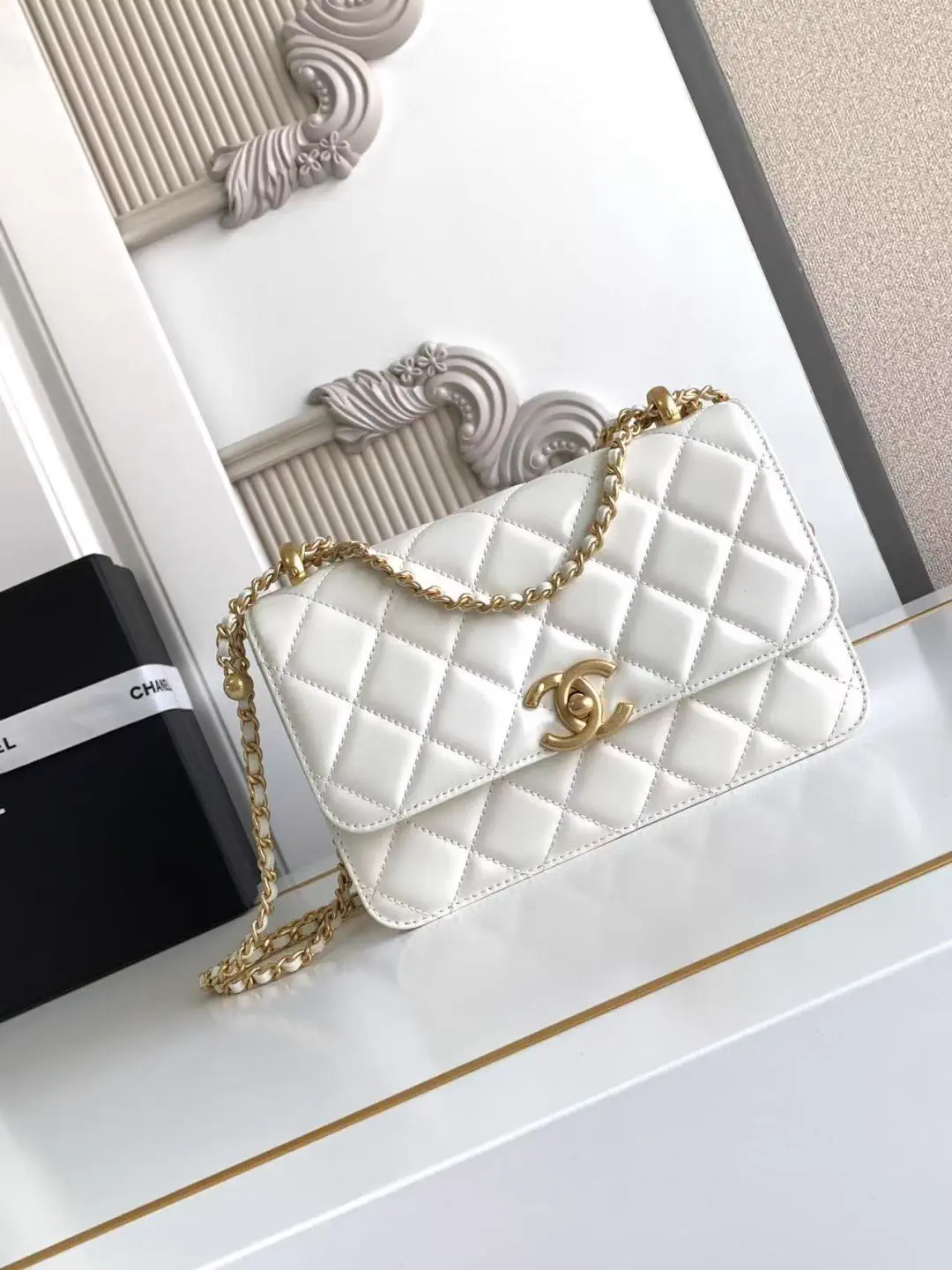 Chanel White Quilted Double Gold Ball Mini Shoulder Bag image 1