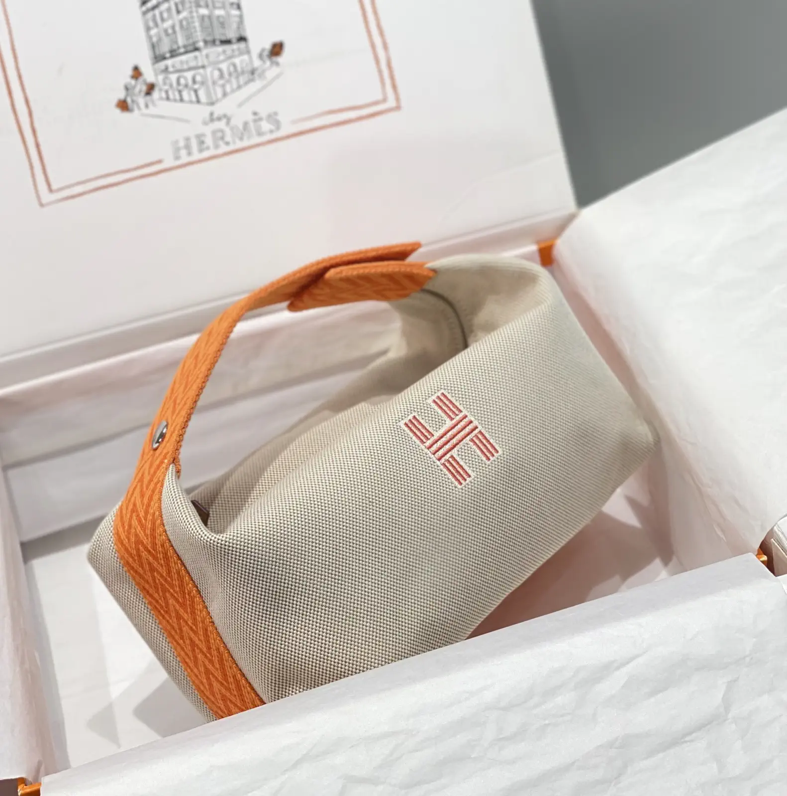 Hermès Canvas Toiletry Bag with Orange Handle image 1