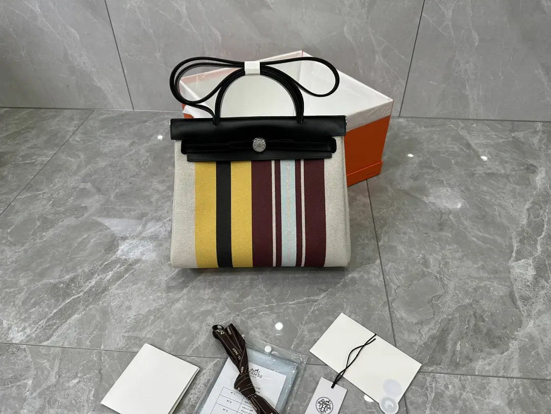 Hermès Striped Canvas and Leather Top Handle Bag image 1
