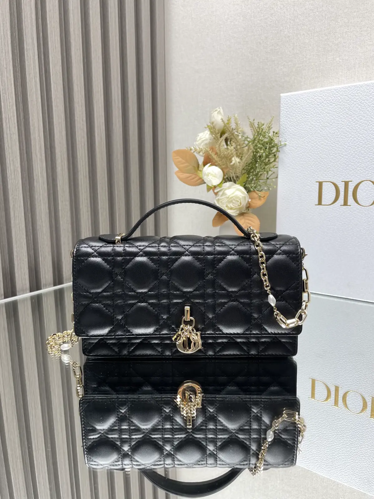 Dior Quilted Top Handle Clutch with Pearl Chain Strap image 1