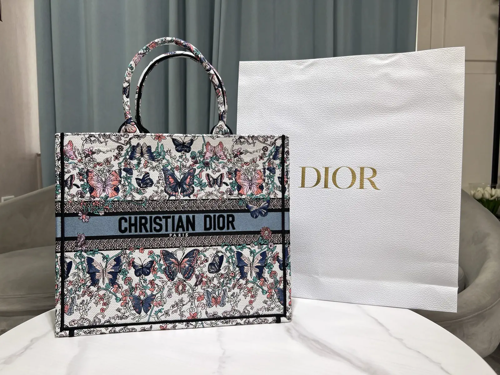 Dior Butterfly Embroidered Tote Bag image 1