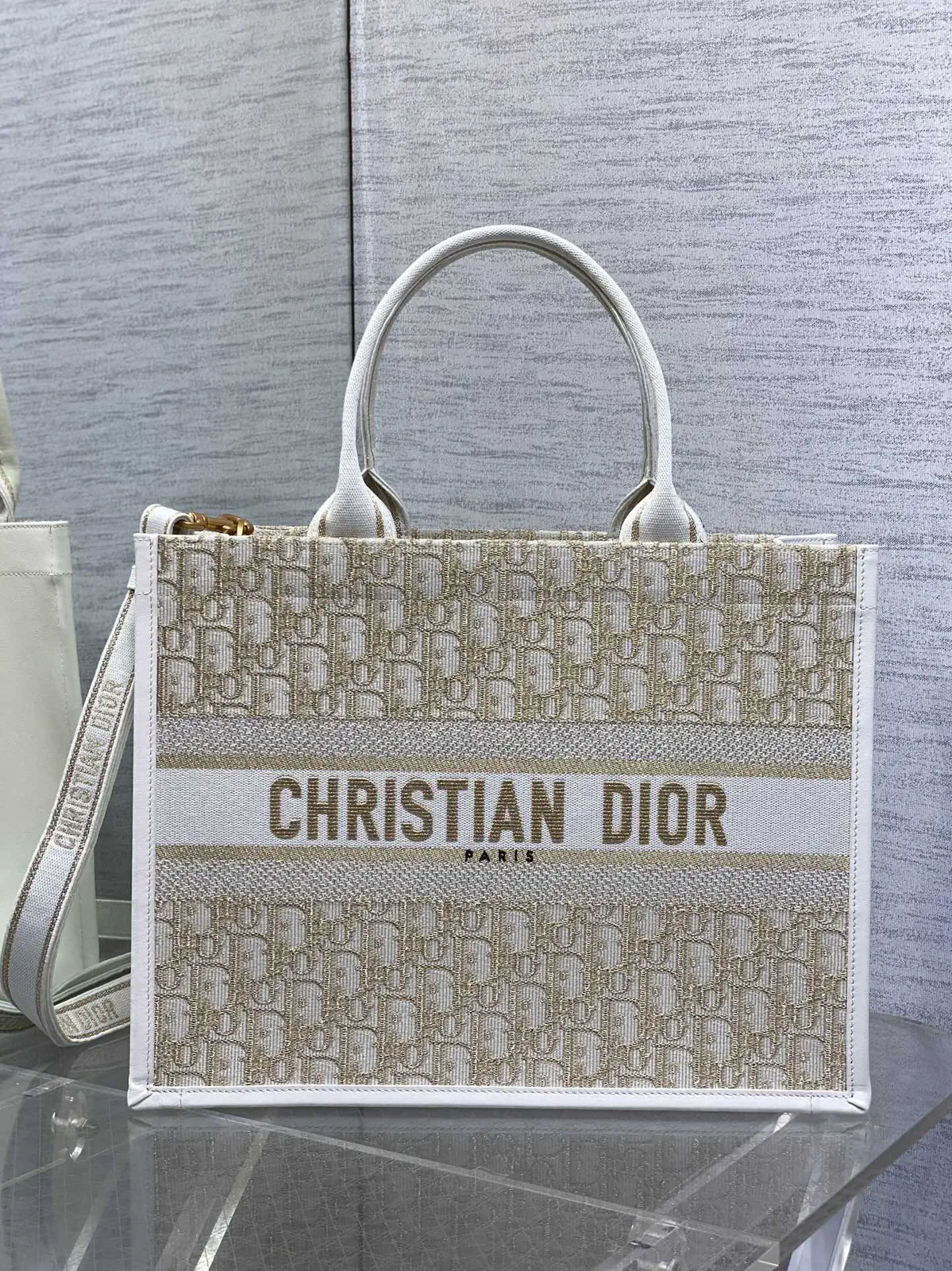 Dior White and Gold Monogram Tote Bag image 1