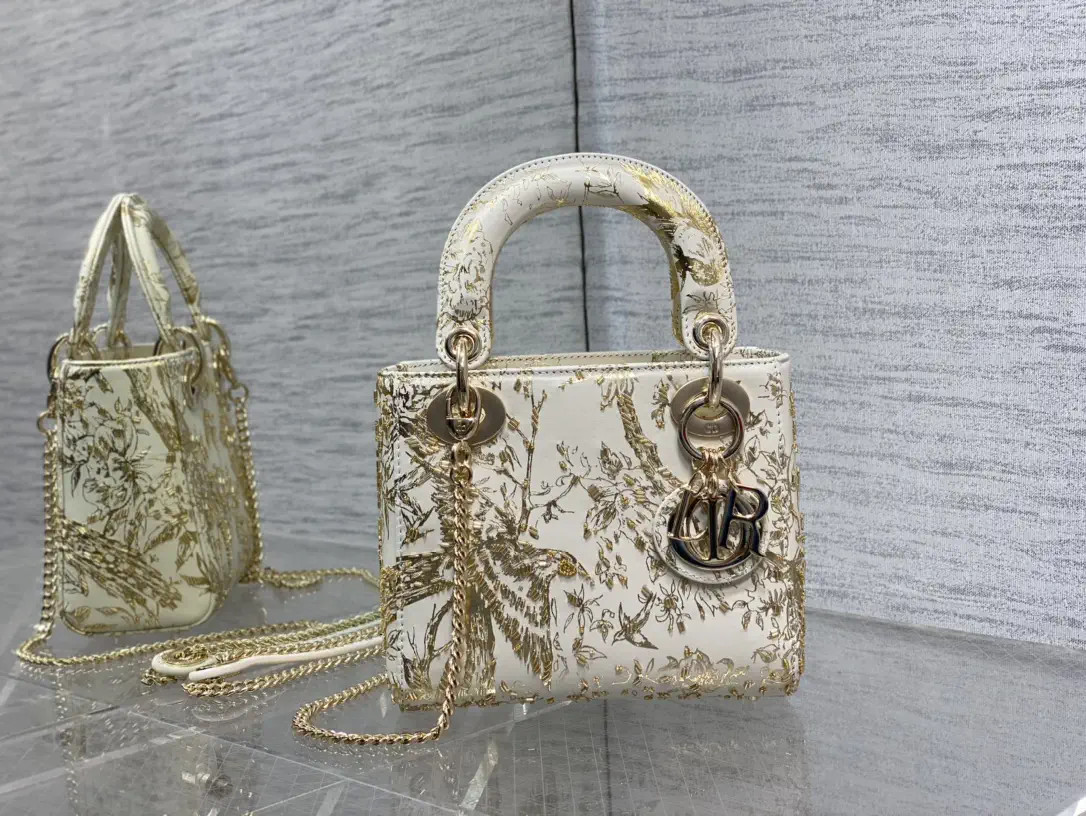 Dior White with Gold Embroidered Magpie Top Handle Bag image 1