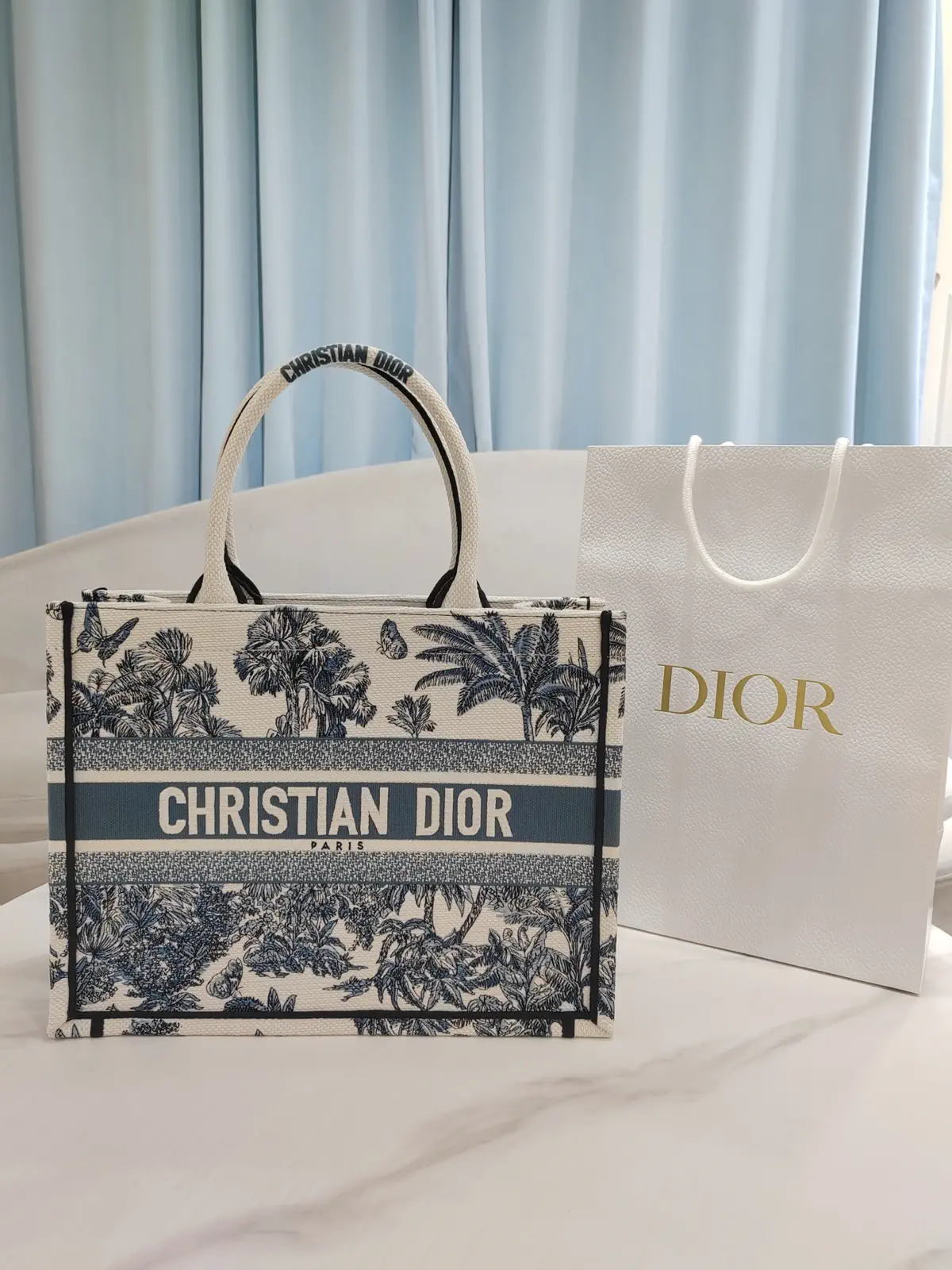 Dior Book Tote with Blue Palms Toile Embroidery image 1