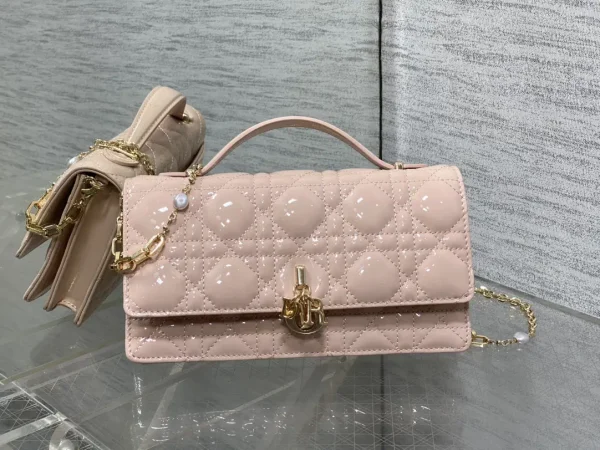 Dior Quilted Patent Top Handle Clutch with Pearl Chain image 1
