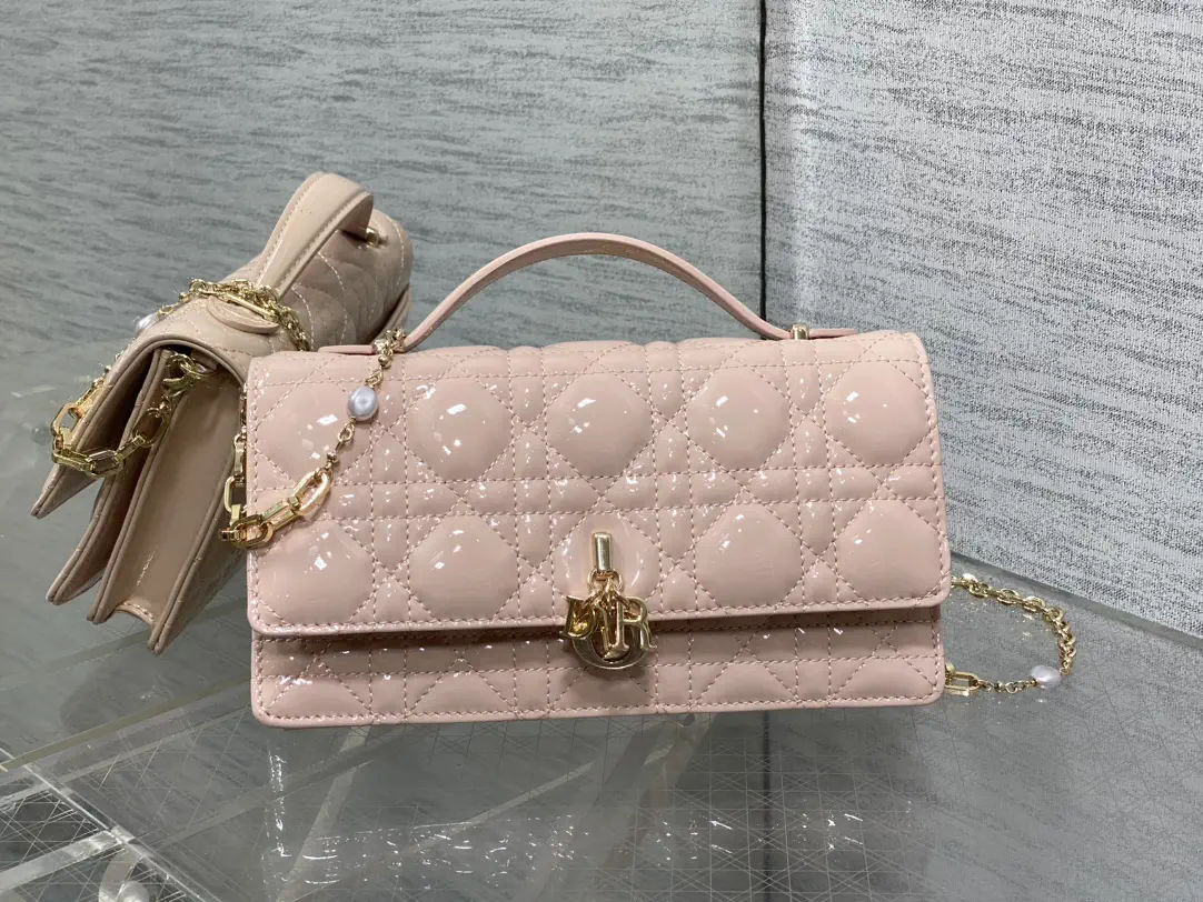 Dior Quilted Patent Top Handle Clutch with Pearl Chain image 1