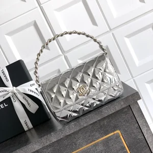 Chanel Silver Quilted Patent Leather Top Handle Bag image 1
