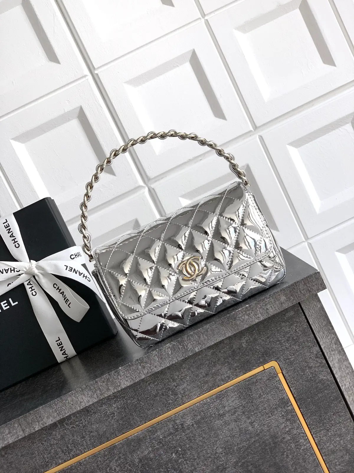 Chanel Silver Quilted Patent Leather Top Handle Bag image 1
