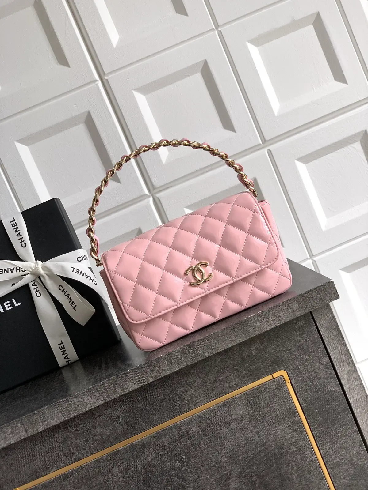 Chanel Pink Quilted Patent Top Handle Bag image 1