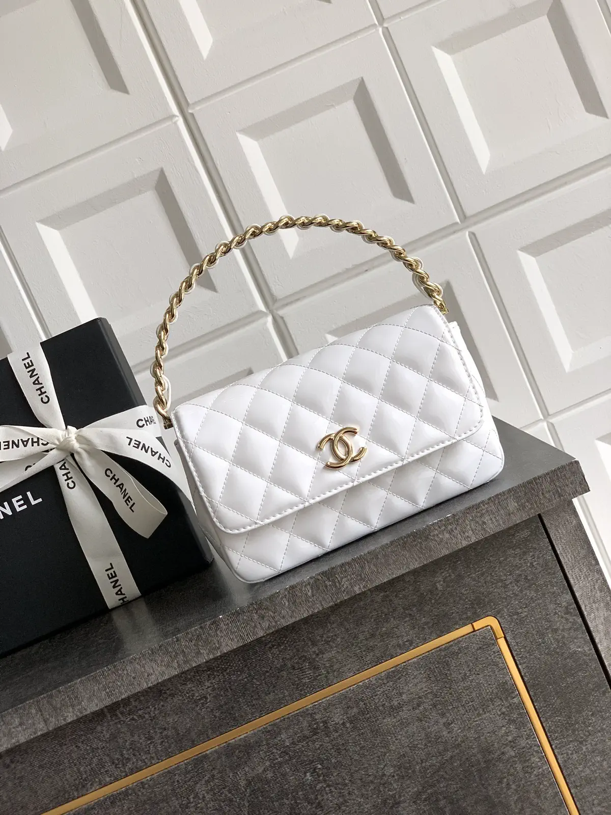 Chanel White Quilted Patent Leather Top Handle Bag image 1